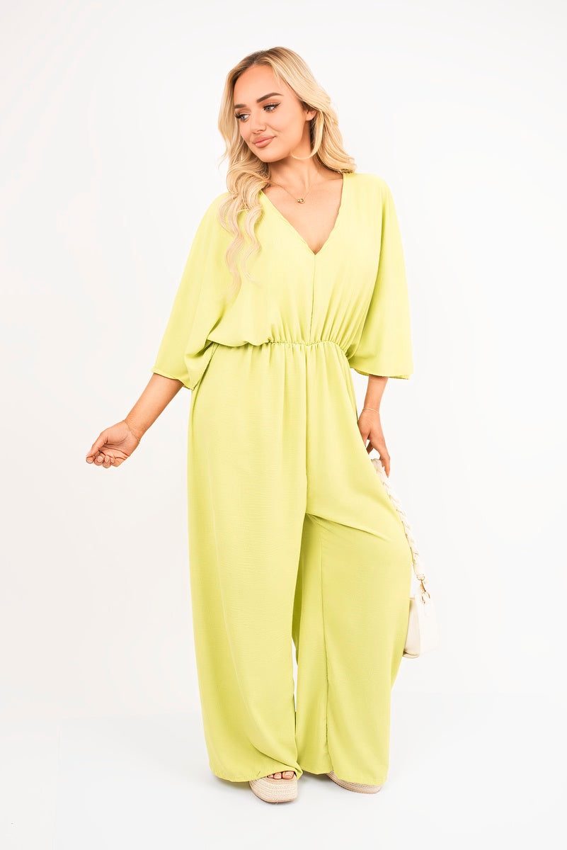 Wide Leg V Neck Jumpsuit with Back Tie Detail