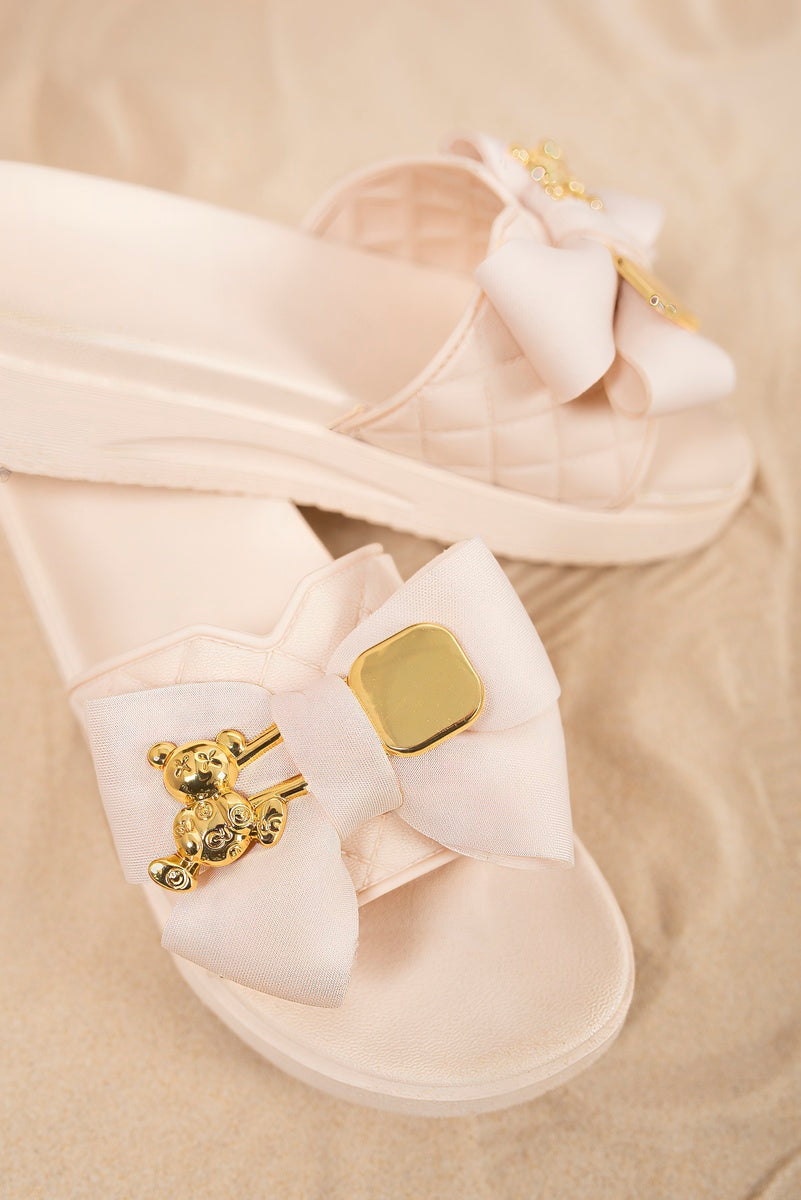 Quilted Slide Sandals with Bow and Gold Charm Detail