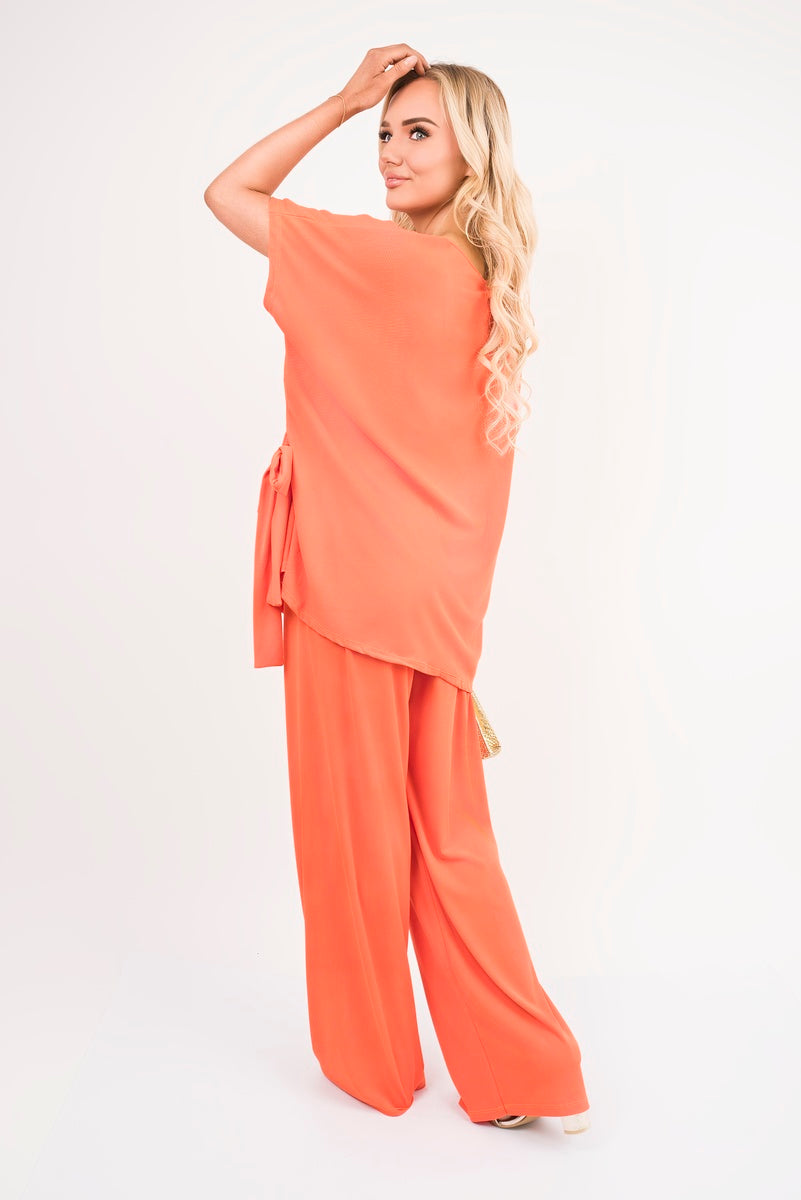 Short Sleeve Side Tie Top and Wide Leg Trousers Co-Ord Set