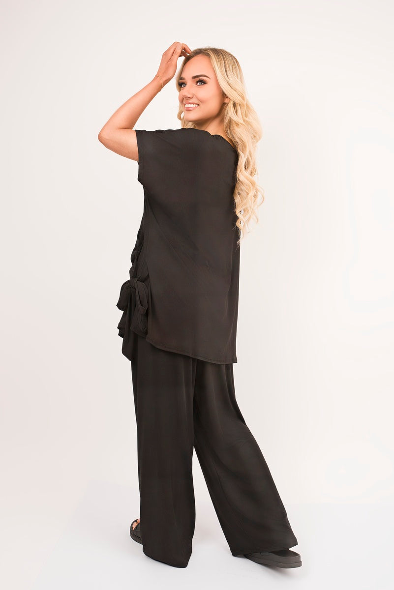 Short Sleeve Side Tie Top and Wide Leg Trousers Co-Ord Set