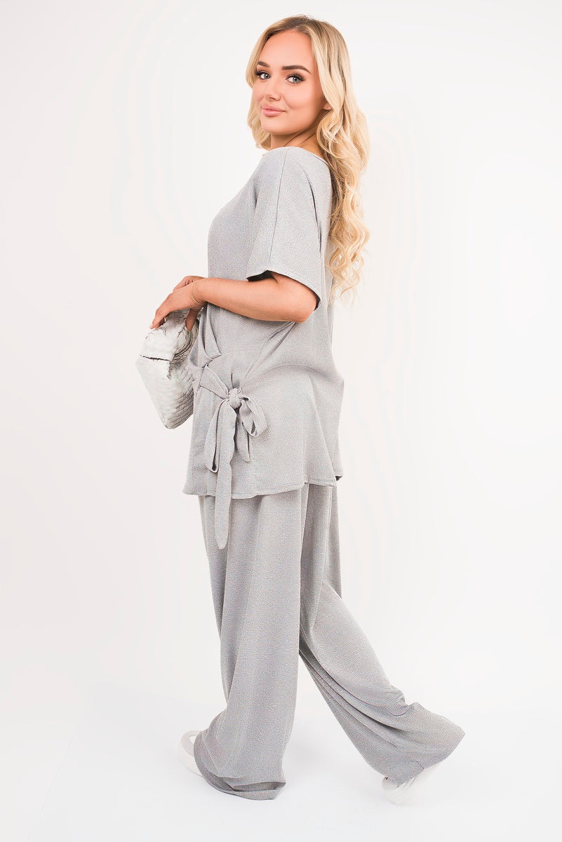 Short Sleeve Side Tie Top and Wide Leg Trousers Co-Ord Set