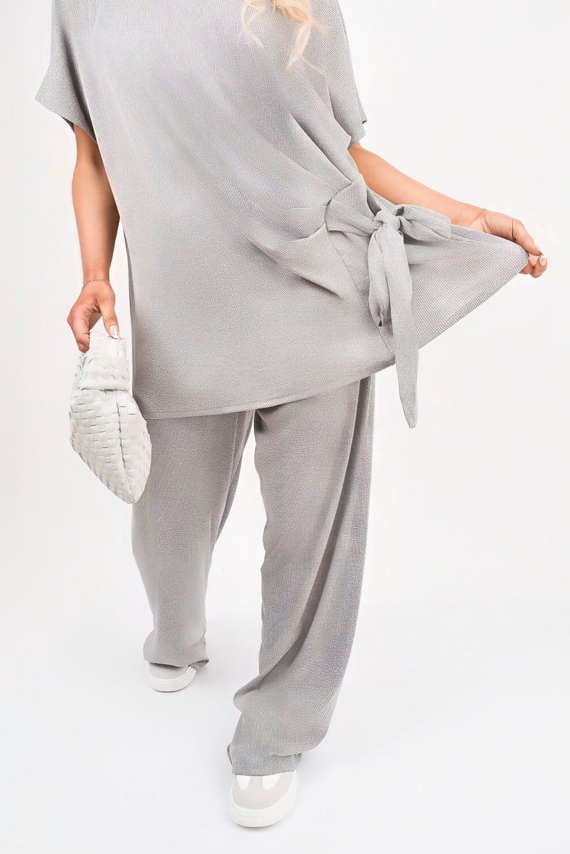 Short Sleeve Side Tie Top and Wide Leg Trousers Co-Ord Set